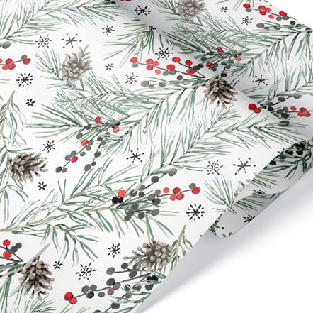 Papier de soie de Noël Branches de sapin et baies - 50 feuilles - 20'' x 30''