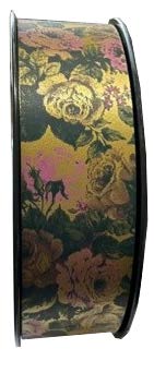 Ruban à friser Ladislas Retro motif Floral Vert foncé et or - 1½ po x 100 Y