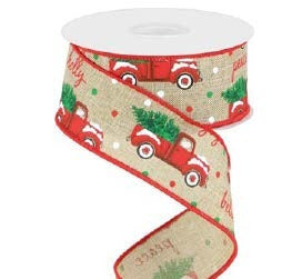 Ruban broché avec fil Camion de Noël Naturel - 1½ po x 10 Y