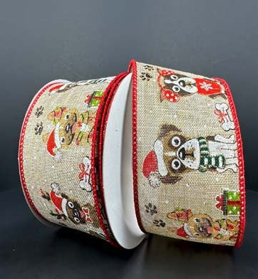 Ruban broché avec fil Chiens de Noël Naturel - 2½ po x 10 Y