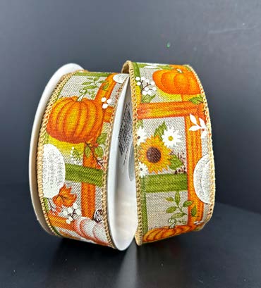 Ruban broché avec fil Citrouilles Ivoire - 1½ po x 10 Y