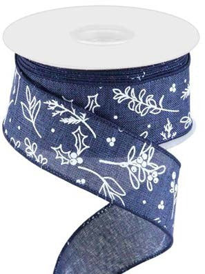 Ruban broché avec fil Feuillage Bleu marine - 1½ po x 10 Y