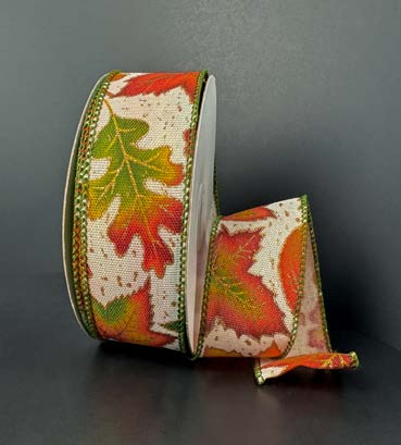 Ruban broché avec fil Feuillage d'automne Ivoire et rouge - 1½ po x 10 Y