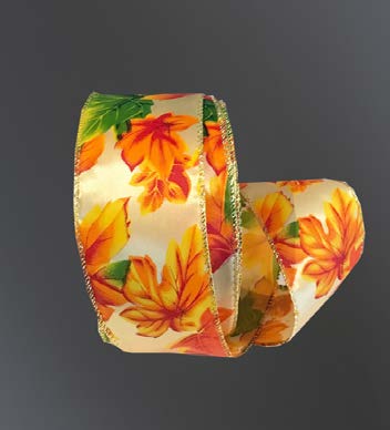 Ruban broché avec fil Feuillage Orange et jaune - 2½ po x 50 Y