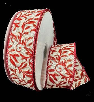 Ruban broché avec fil Feuillage rouge Ivoire - 1½ po x 10 Y