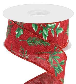 Ruban broché avec fil Feuillage vert Rouge - 1½ po x 10 Y