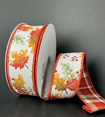 Ruban broché avec fil Feuilles d'érable Rouge et orange - 1½ po x 10 Y