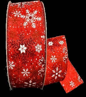 Ruban broché avec fil Flocons de neige Rouge - 2½ po x 50 Y