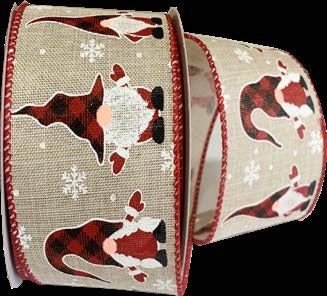 Ruban broché avec fil Gnomes de Noël Naturel - 2½ po x 10 Y