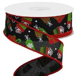 Ruban broché avec fil Motif cadeaux Noir - 1½ po x 10 Y