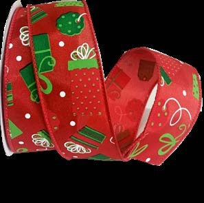 Ruban broché avec fil Motif cadeaux Rouge - 1½ po x 10 Y