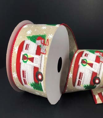 Ruban broché avec fil Motif de Noël Naturel - 2½ po x 50 Y