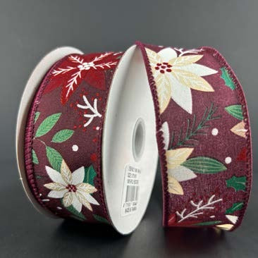 Ruban broché avec fil Poinsettias blancs Bourgogne - 1½ po x 10 Y