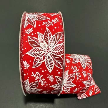 Ruban broché avec fil Poinsettias blancs Rouge - 2½ po x 50 Y