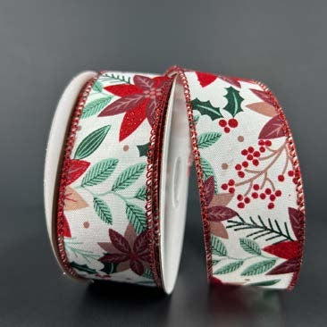 Ruban broché avec fil Poinsettias rouges Ivoire - 1½ po x 10 Y