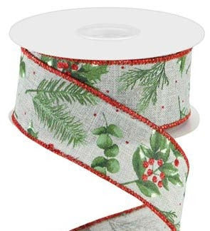 Ruban broché avec fil Sapin et houx Ivoire - 1½ po x 10 Y