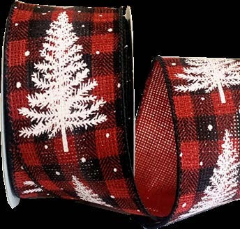 Ruban broché avec fil Sapins Blanc - 2½ po x 10 Y