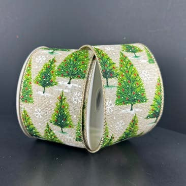 Ruban broché avec fil Sapins colorés Ivoire - 2½ po x 10 Y