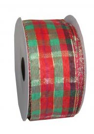 Ruban broché avec fil Tartan Rouge, vert et noir - 2½ po x 50 Y