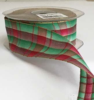Ruban broché avec fil Tartan Vert, rouge et or - 1½ po x 16 Y