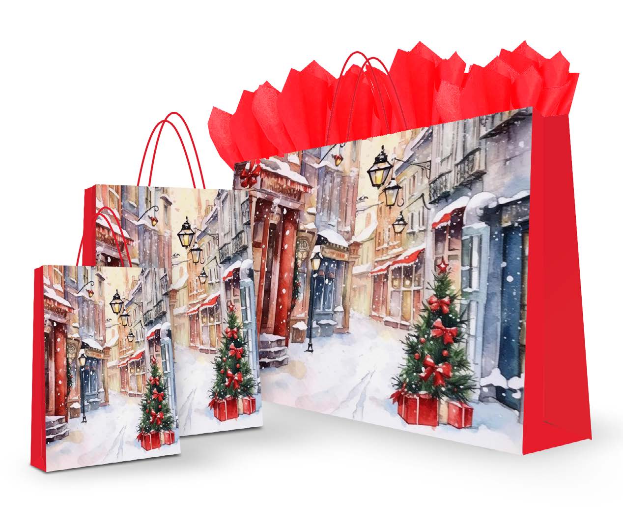 Sac cadeau de Noël Avenue motif Rue enneigée illuminée - 16 x 6 x 12 po