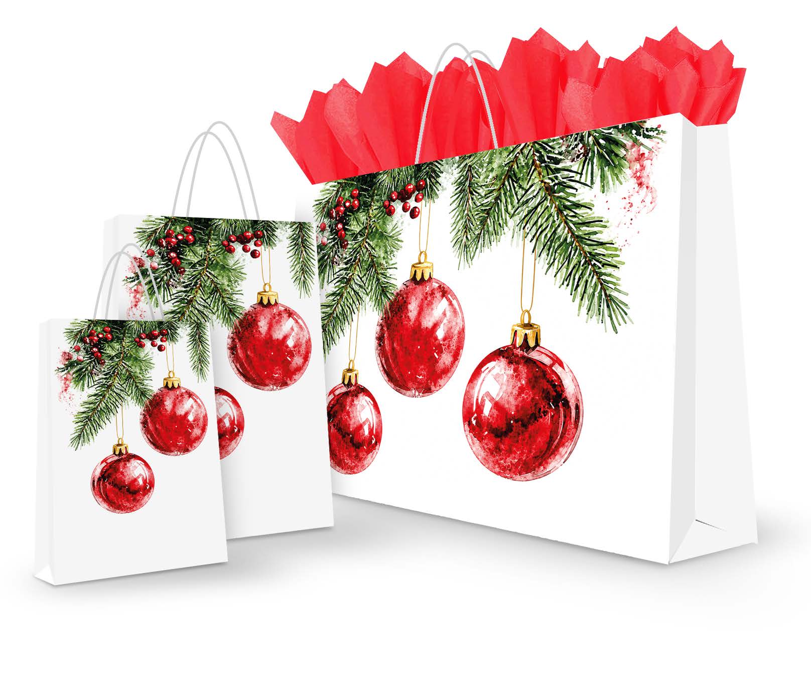 Sac cadeau de Noël motif Branche de sapin et boules de Noël - 8 x 5 x 10 po