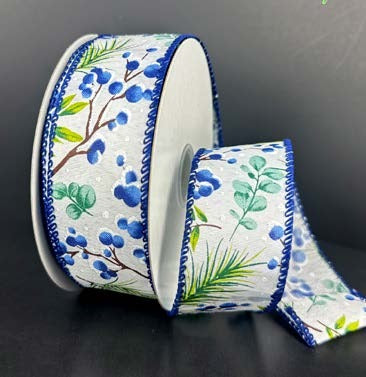 Ruban broché avec fil Floral bleu Ivoire - 1½ po x 10 Y