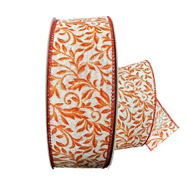 Ruban broché avec fil Floral Ivoire et orange - 2½ po x 50 Y