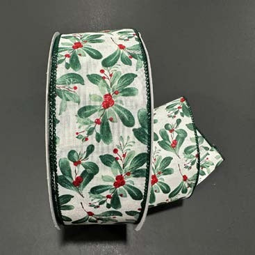 Ruban broché avec fil Houx rouge Ivoire - 2½ po x 50 Y (2)