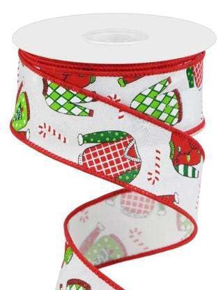 Ruban broché avec fil Mitaines de Noël Blanc - 1½ po x 10 Y