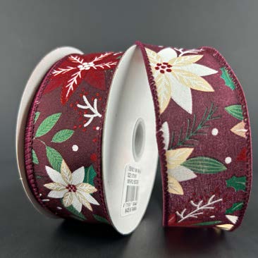 Ruban broché avec fil Poinsettia Bourgogne - 2½ po x 10 Y