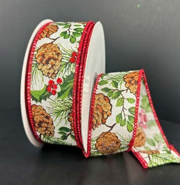 Ruban broché avec fil Pommes de pin et houx Ivoire - 1½ po x 10 Y