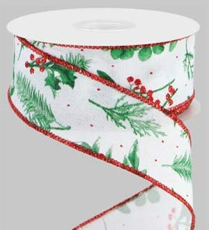 Ruban broché avec fil Sapin et houx Blanc - 1½ po x 10 Y