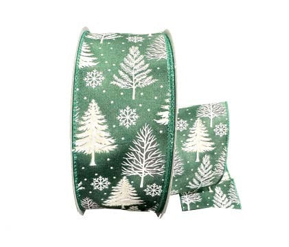 Ruban broché avec fil Sapins blancs Vert - 2½ po x 50 Y