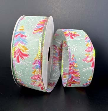 Ruban broché avec fil Sapins multicolores Vert menthe - 1½ po x 10 Y