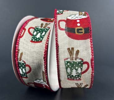 Ruban broché avec fil Tasses de Noël Naturel - 1½ po x 10 Y